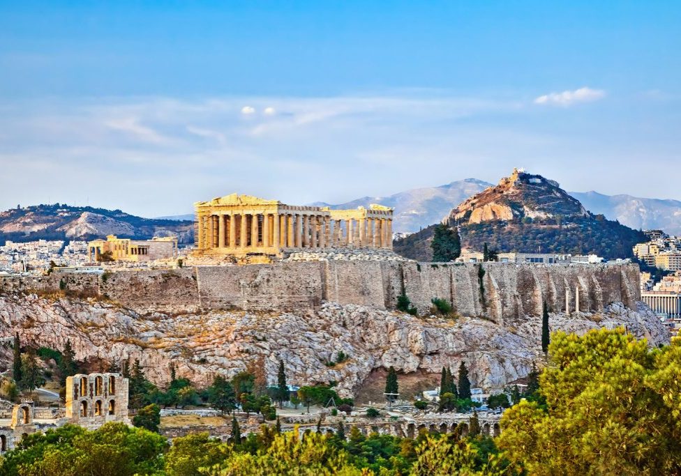 View on Acropolis at sunset, Athens, Greece.